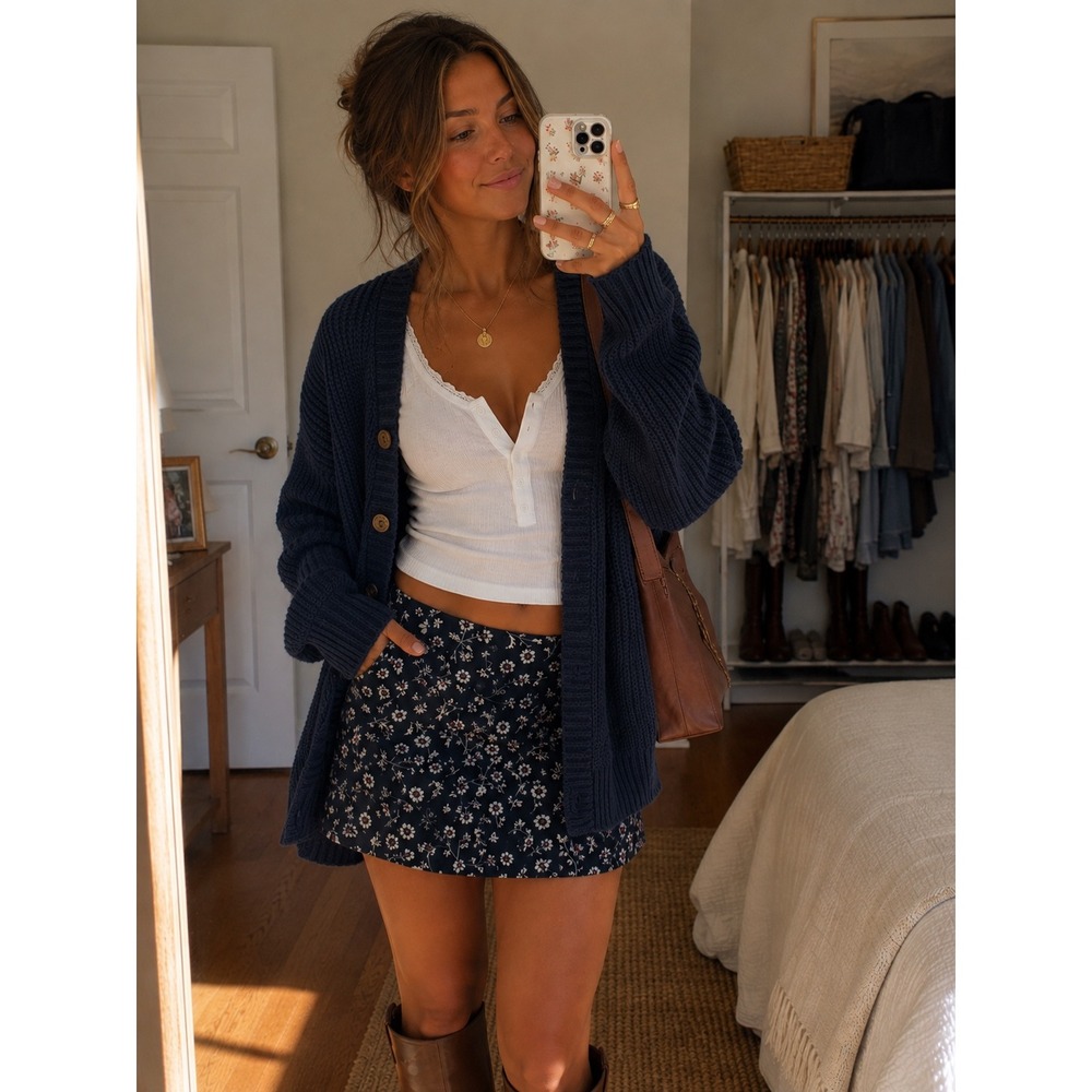 Hollister Navy Blue Floral A-Line Mini Skirt XS Ditsy Flower Print Short Skirt
